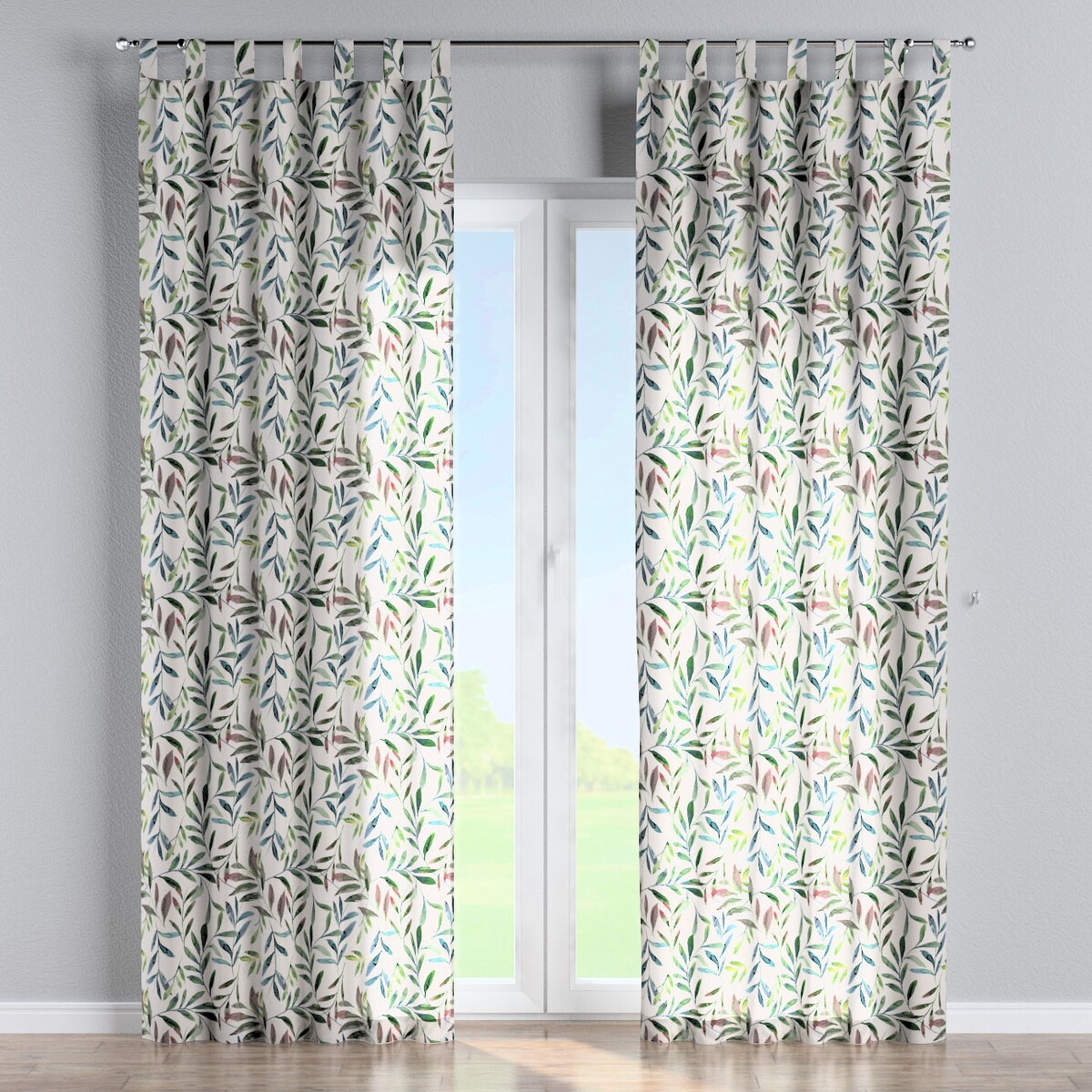 Zasłona na szelkach 1 szt. 130x245 zielone gałązki na białym tle