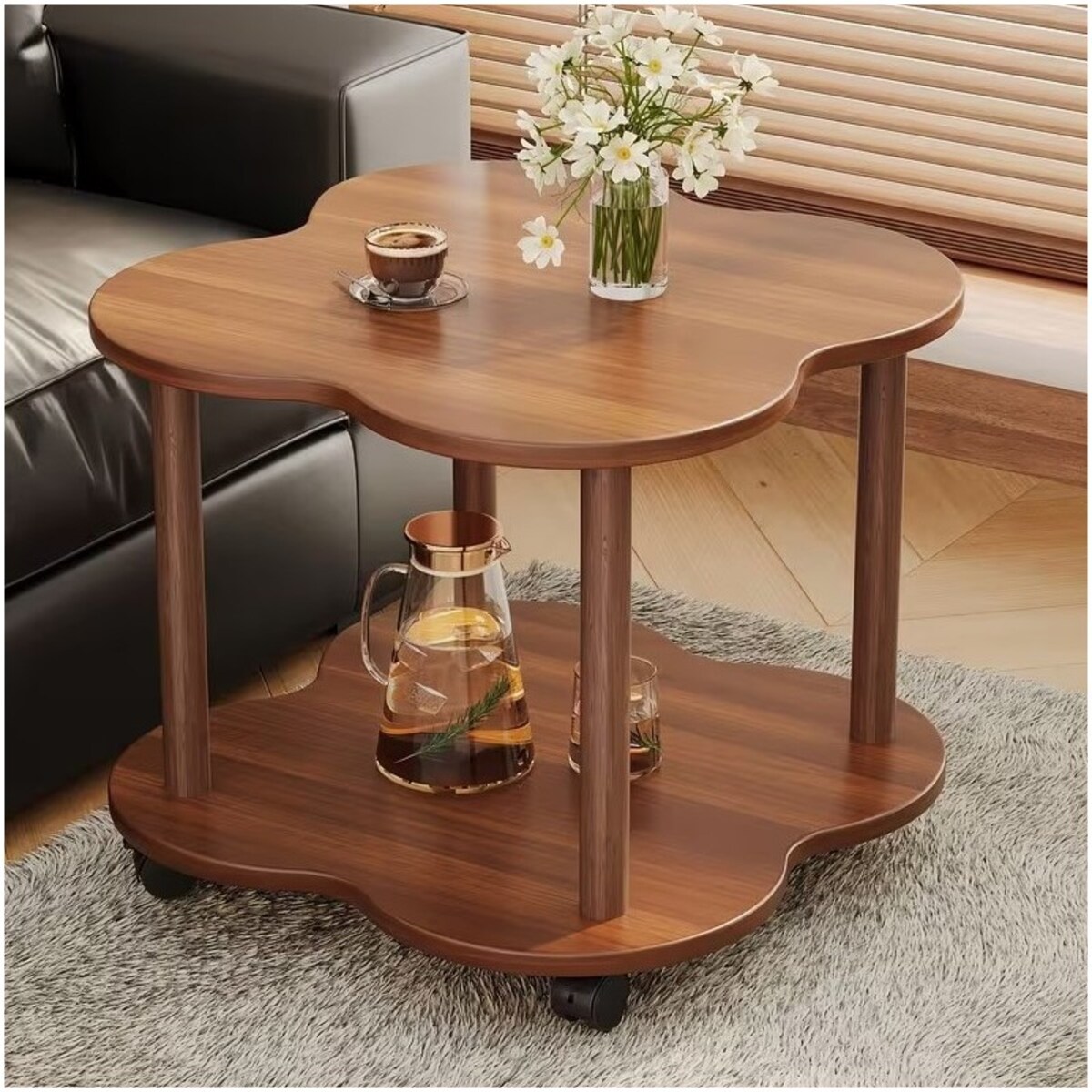 Mobilny stolik kawowy w kształcie koniczyny, orzechowy 60x60x48cm STL26