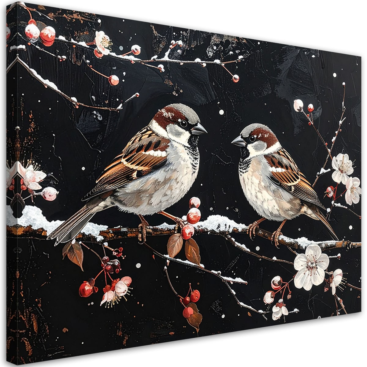 Obraz do salonu kuchni biura, Ptaki siedzące nocą na gałęzi w zimie