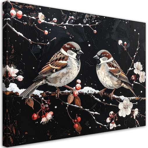 Obraz do salonu kuchni biura, Ptaki siedzące nocą na gałęzi w zimie