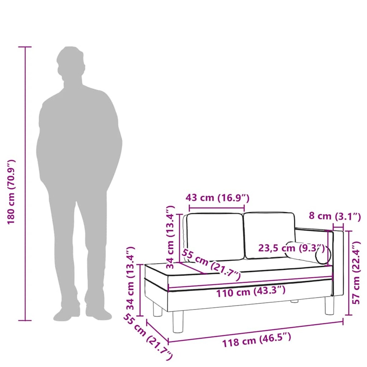 vidaXL Szezlong z poduszkami i wałkiem, jasnoszary, aksamitny