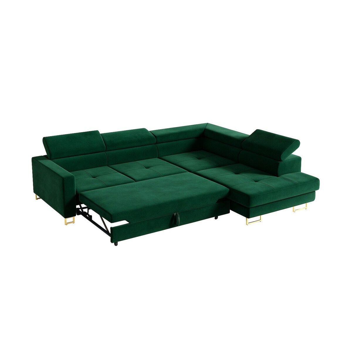 Narożnik rozkładany MERY z regulowanymi zagłówkami na złotych nóżkach praw