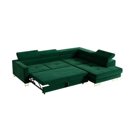 Narożnik rozkładany MERY z regulowanymi zagłówkami na złotych nóżkach praw