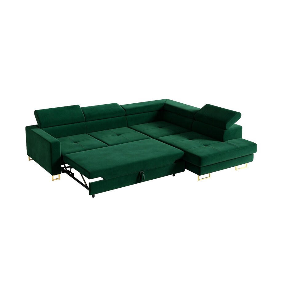 Narożnik rozkładany MERY z regulowanymi zagłówkami na złotych nóżkach praw