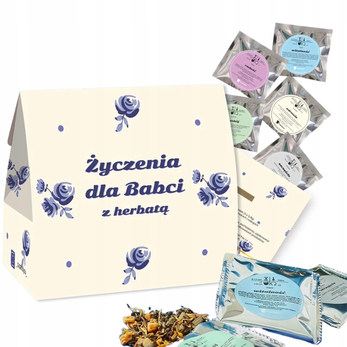 MAŁY ZESTAW PREZENTOWY UPOMINKOWY DLA BABCI 5 RÓŻNYCH SMAKÓW HERBAT LIŚCIASTYCH SYPANYCH PO 5 GRAM - PREZENT UPOMINEK NA DZIEŃ BABCI 60 70 80 90 100 URODZINY