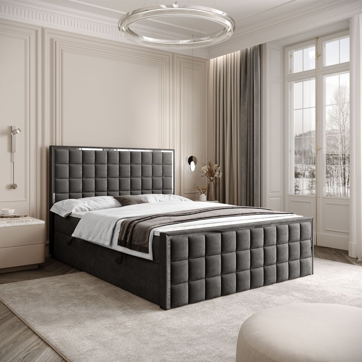 Łóżko kontynentalne ISADORA II SILVER, pojemnik na pościel, 160x200, RV 185, topper