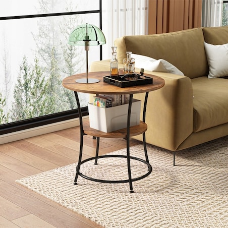 Stolik kawowy industrialny okrągły z półką brąz loft 55 cm