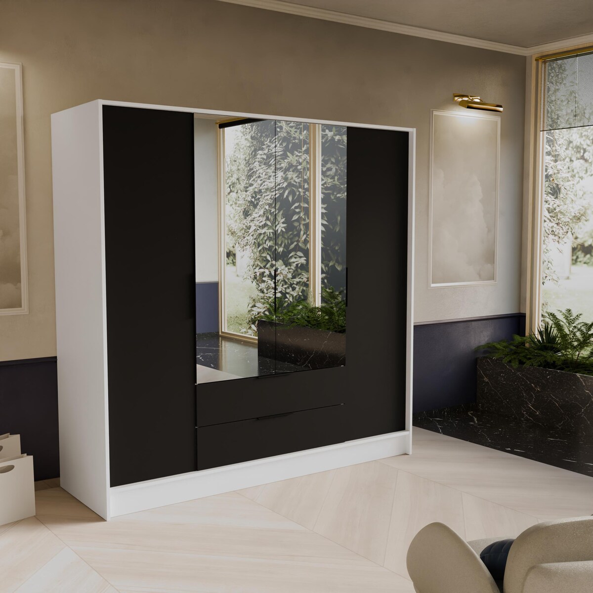 Szafa NIKOLA 200 z lustrem i regulowanymi półkami -biała+czarny front