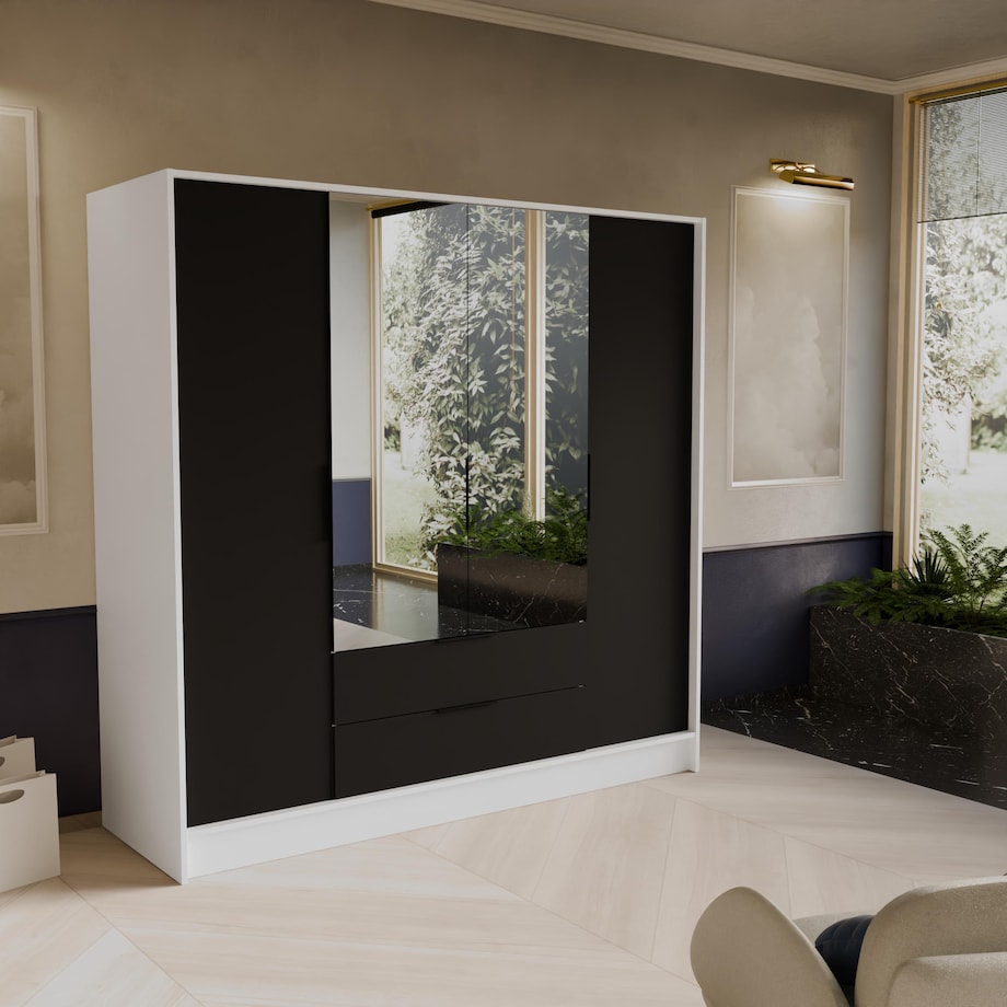 Szafa NIKOLA 200 z lustrem i regulowanymi półkami -biała+czarny front