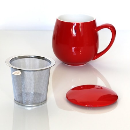 Zestaw prezentowy dla Niej. Box z herbatą na Dzień Kobiet na prezent upominek. Zestaw 10 herbat liściastych, czerwony kubek z zaparzaczem i pokrywką, czekoladowe lizaki