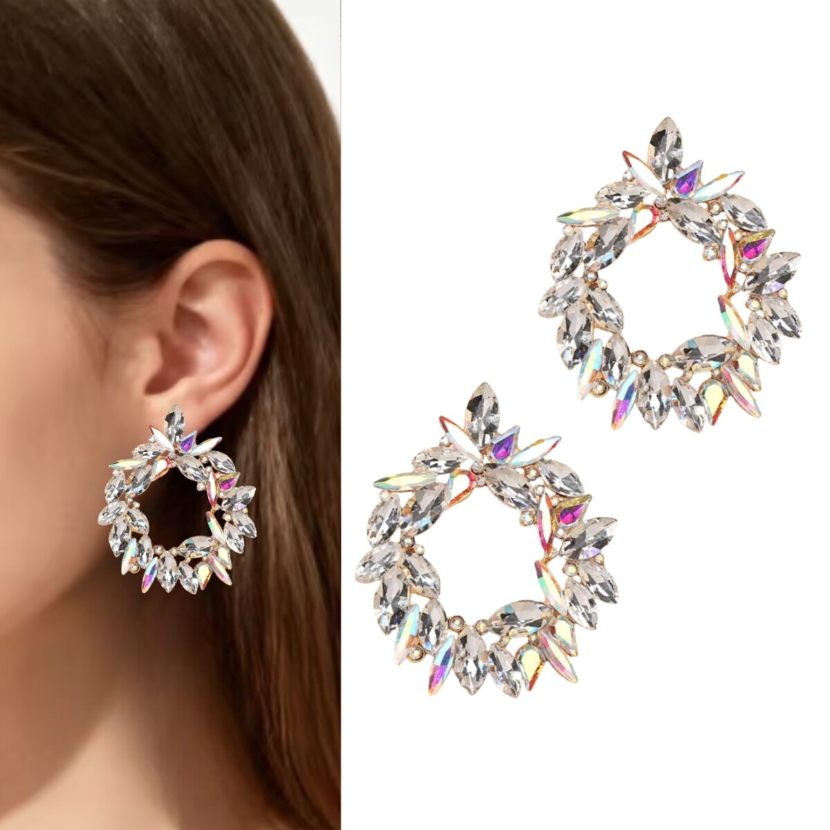 Złote kolczyki kryształowe opalizują okrągłe modne trendy biżuteria WOW