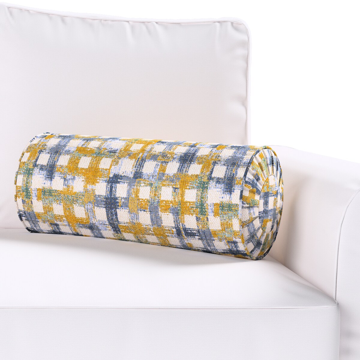 Poduszka wałek z zakładkami, niebiesko-żółta krata na kremowym tle, Ø20 x 50 cm, Cosy Home