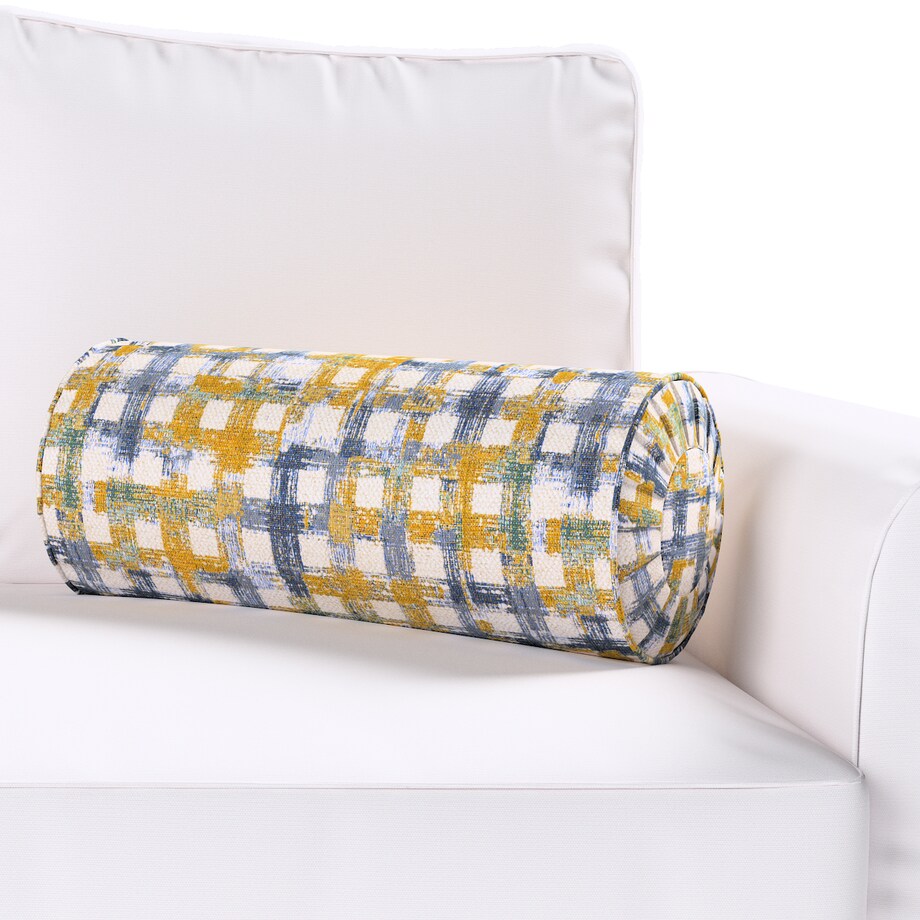 Poduszka wałek z zakładkami, niebiesko-żółta krata na kremowym tle, Ø20 x 50 cm, Cosy Home