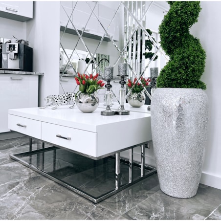 Biały srebrny stolik kawowy/ ława Biała Milano 120x70x45 / 2 pojemne szuflady