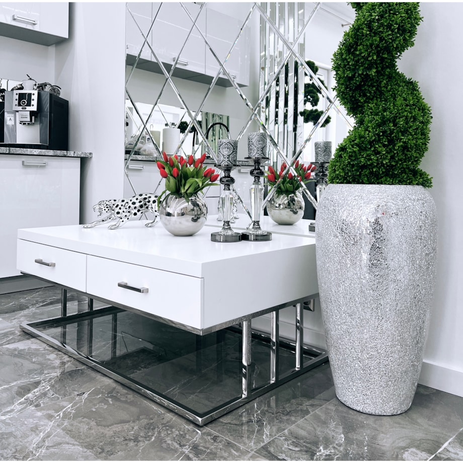 Biały srebrny stolik kawowy/ ława Biała Milano 120x70x45 / 2 pojemne szuflady