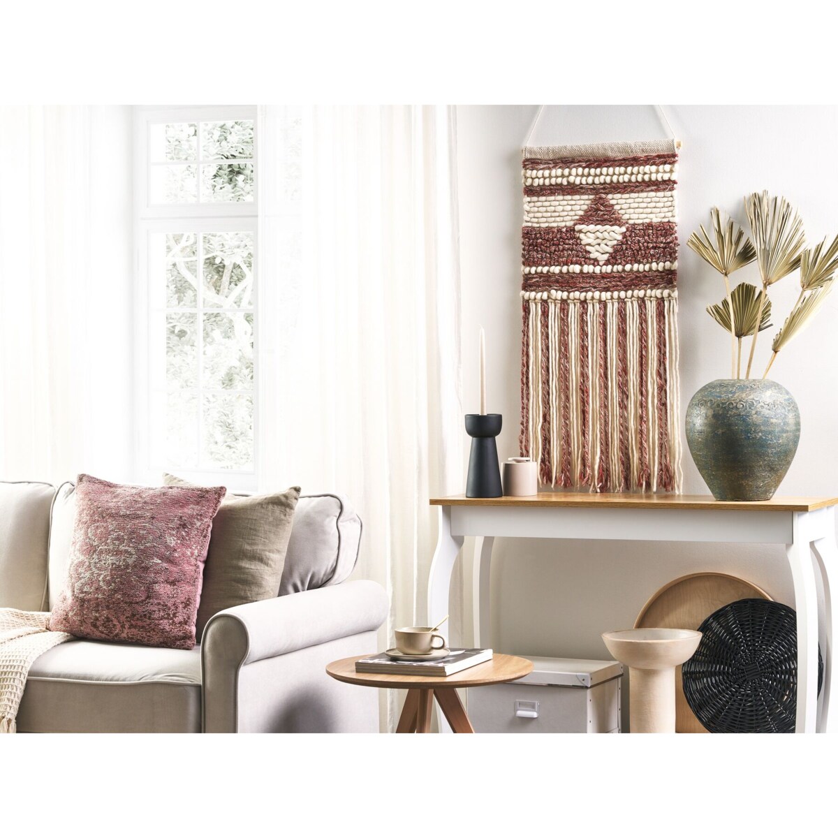 Dekoracja ścienna z frędzlami wełniana czerwono-beżowa SAIF