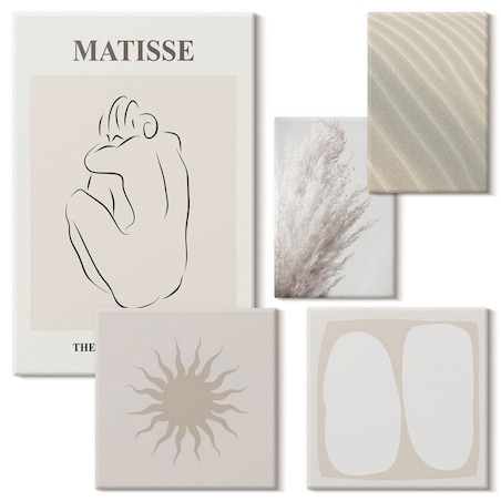 Zestaw 5 obrazów na płótnie - Styl boho minimalistyczne formy - beżowy