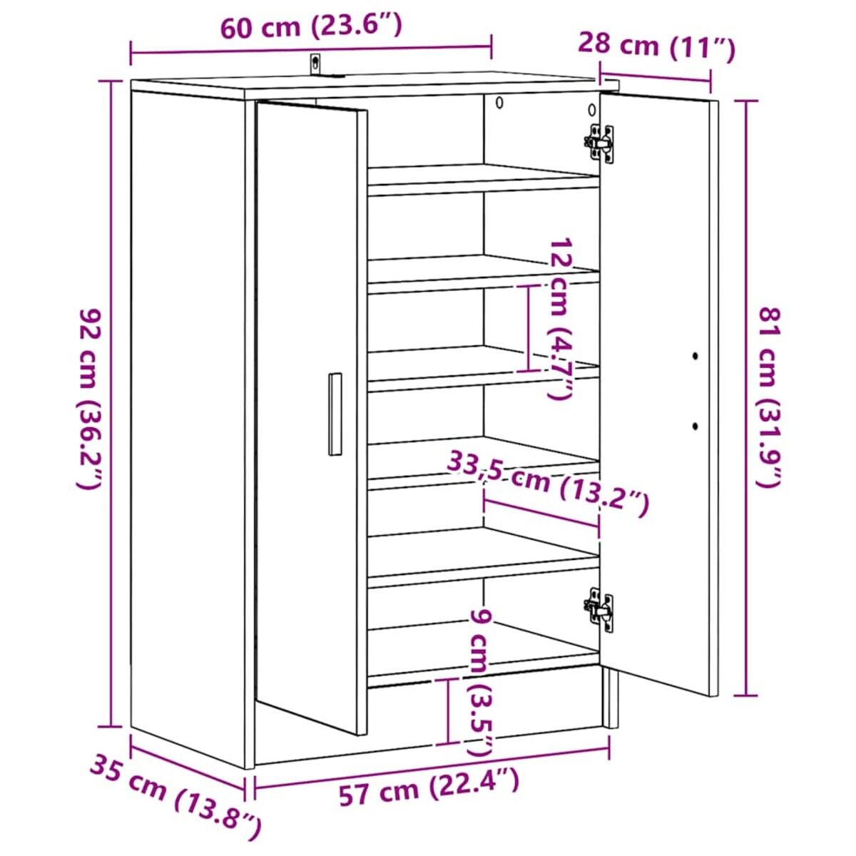 vidaXL Szafka na buty, biała, 60x35x92 cm, materiał drewnopochodny