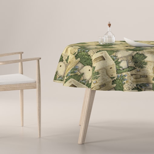 Obrus okrągły 160 x 160 cm piaskowo-zielony motyw śródziemnomorski