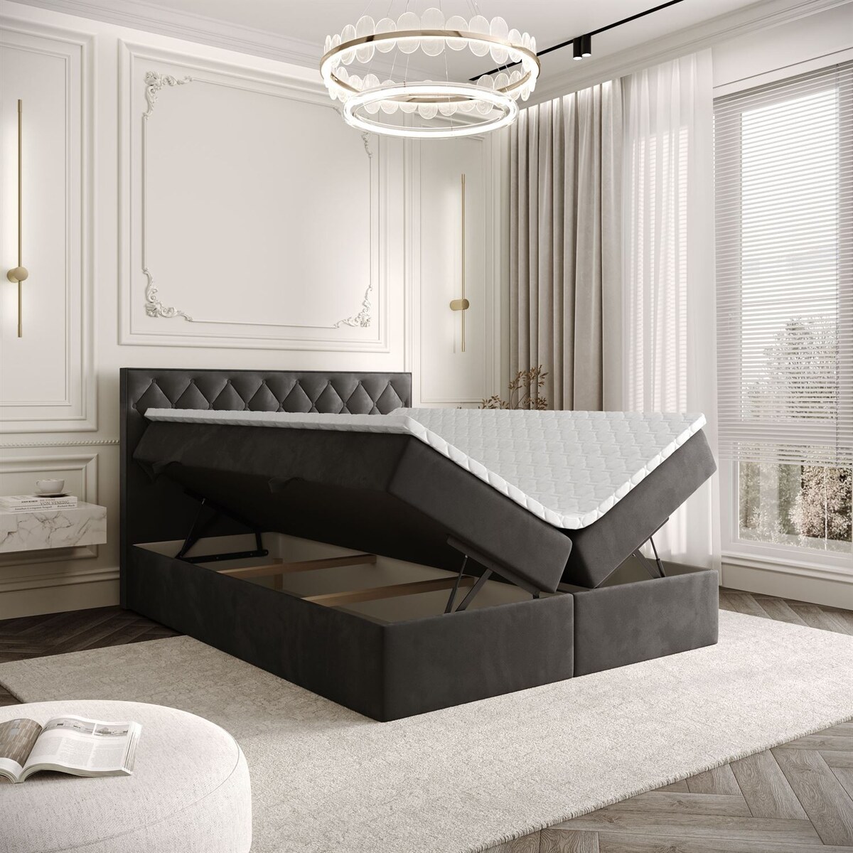 Łóżko kontynentalne INEZ, pojemnik na pościel, 180x200, Royal Velvet 185, topper