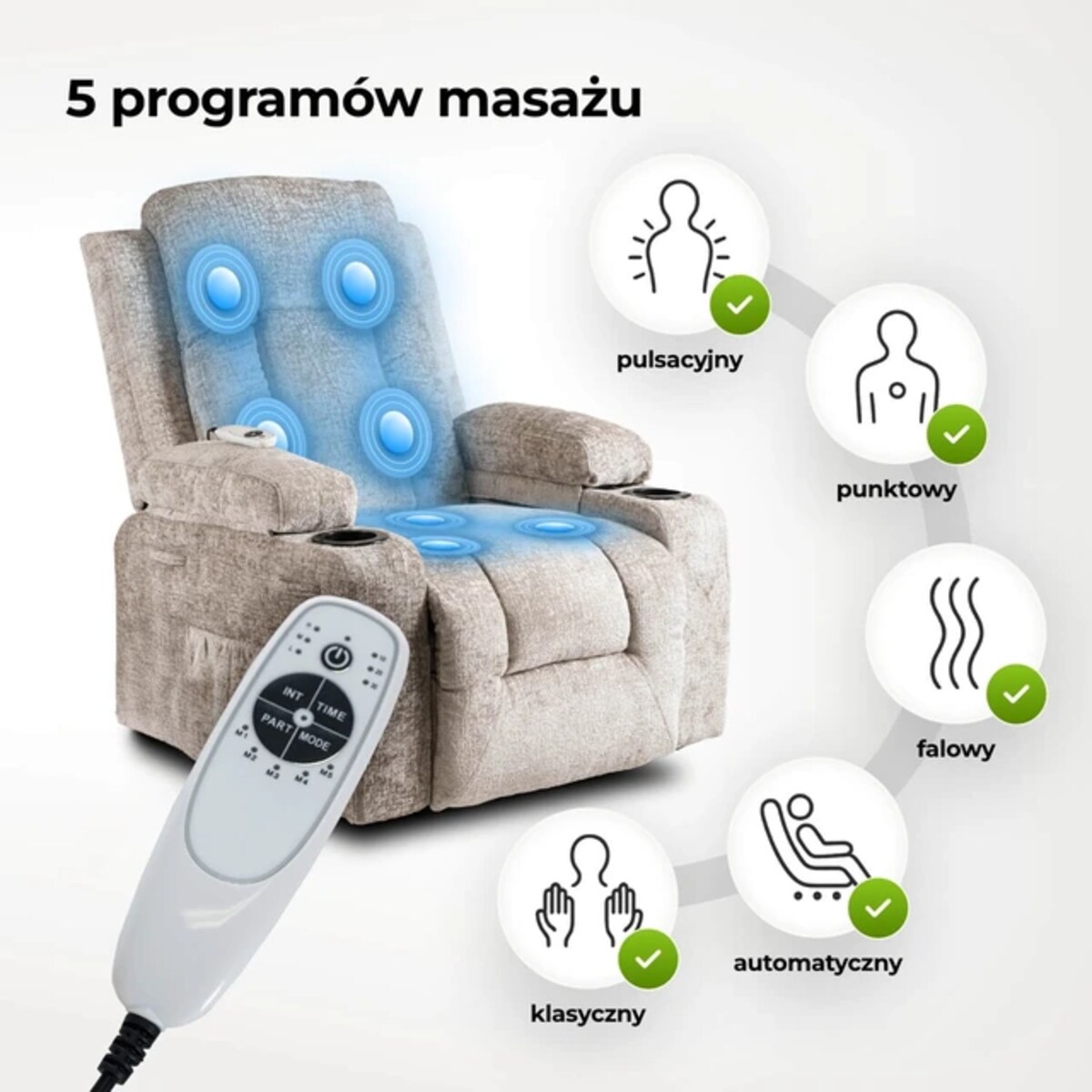 Fotel Masujący Rozkładany Wypoczynkowy z Podnóżkiem BOX Beżowy Welurowy