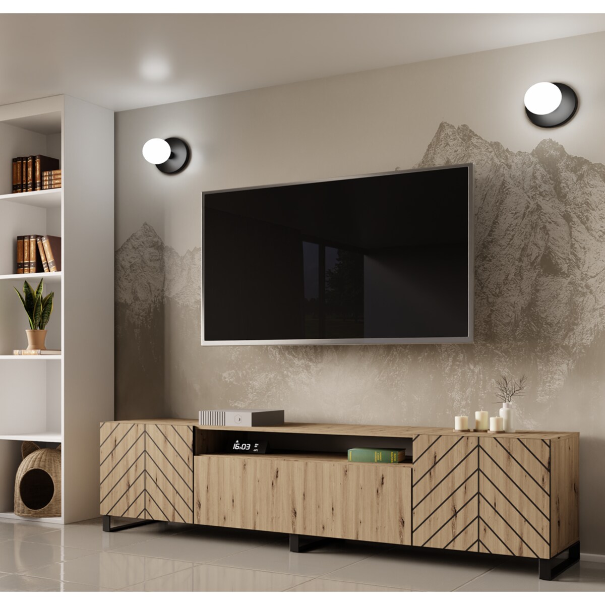 Szafka RTV IGO 200 cm na metalowych nogach, do salonu, jodełka- artisan