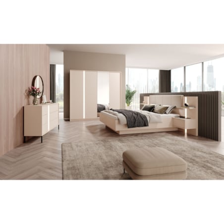 Łóżko DASTIN z pojemnikiem, zagłówkiem, stolikami nocnymi, ośw. LED