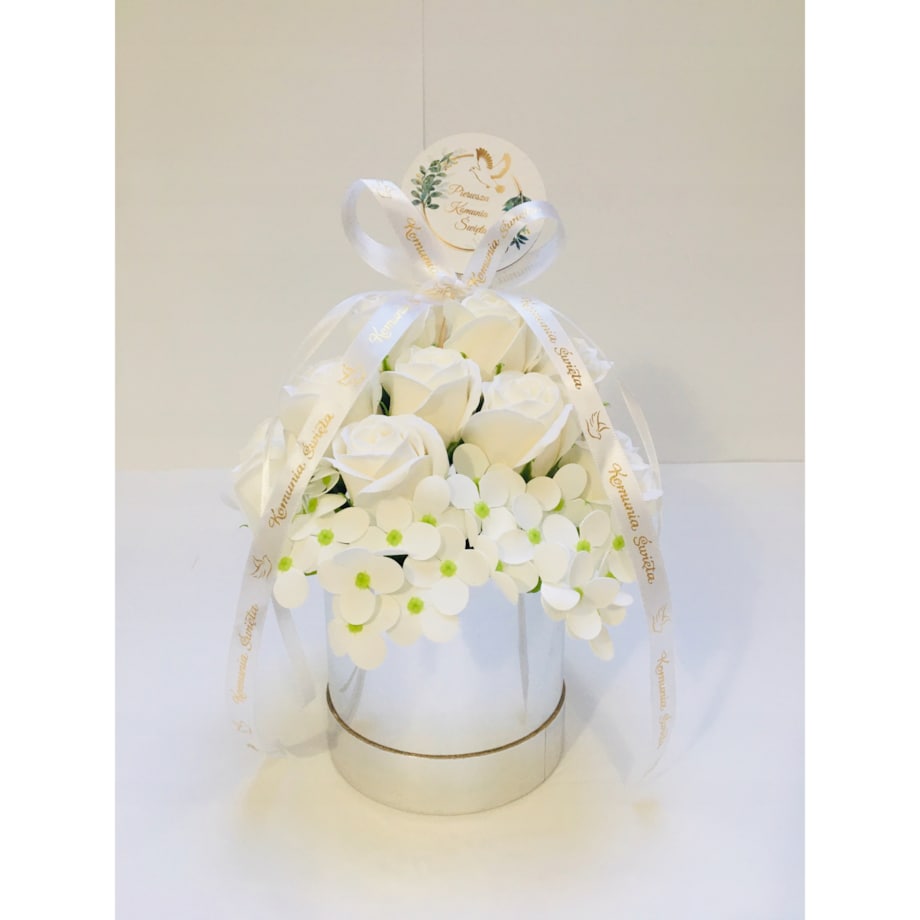 RÓŻE mydlane BIAŁE w srebrnym pudełku na I KOMUNIA ŚWIĘTA prezent pamiątka