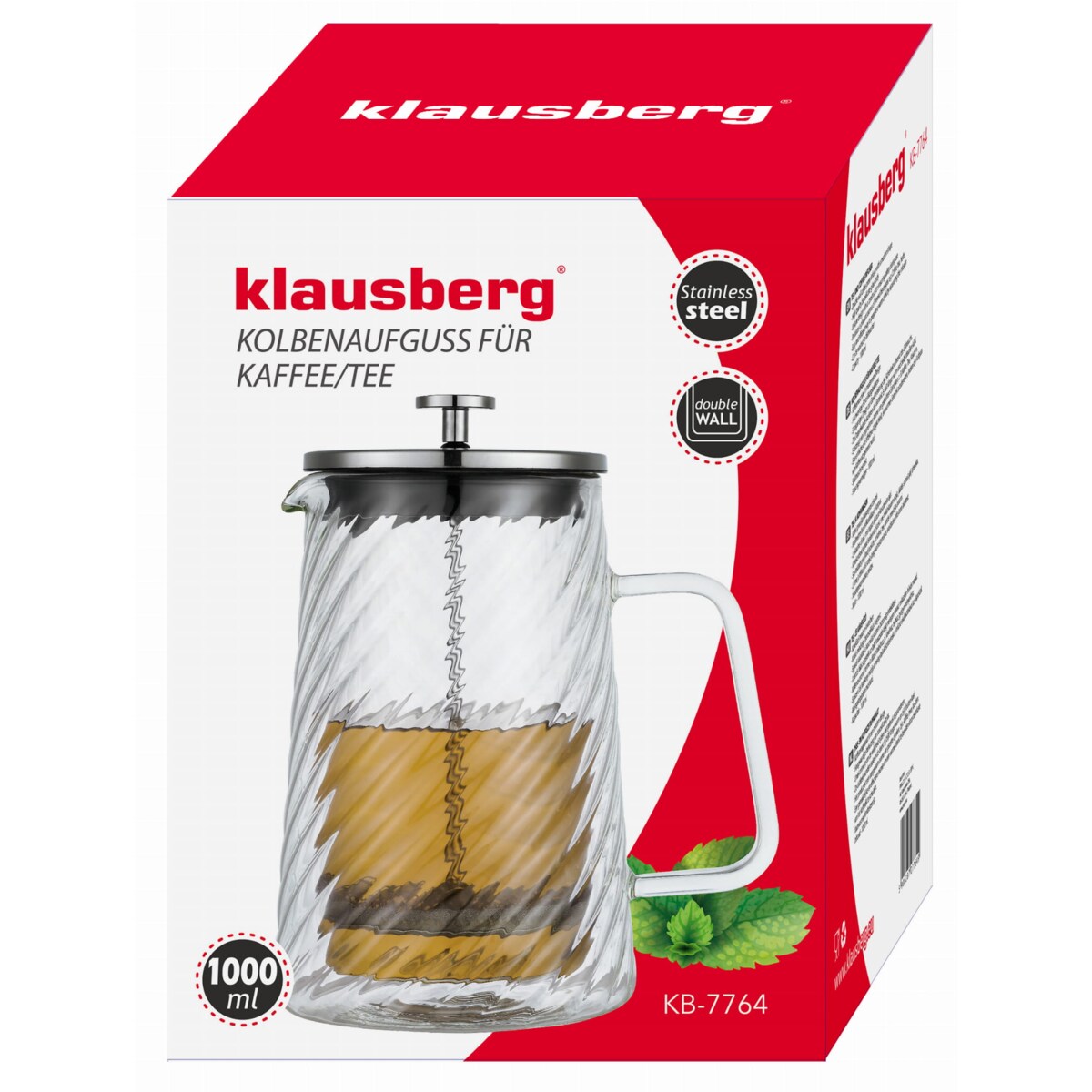 Zaparzacz do kawy herbaty szklany 1000ml French Press srebrny KLAUSBERG