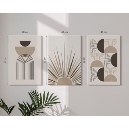 Zestaw 3 dużych obrazów na płótnie - Abstrakcyjne kształty beż brąz - beżowy