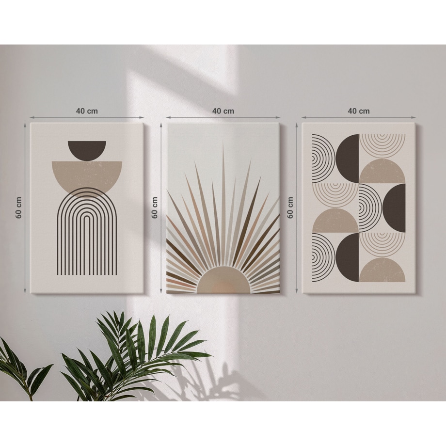 Zestaw 3 dużych obrazów na płótnie - Abstrakcyjne kształty beż brąz - beżowy