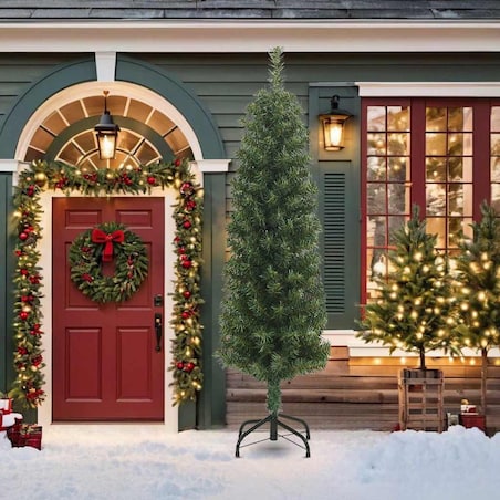 vidaXL Smukła sztuczna choinka ze stojakiem, zielona, 210 cm, PVC