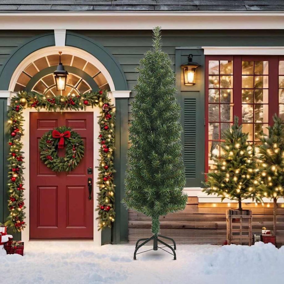 vidaXL Smukła sztuczna choinka ze stojakiem, zielona, 210 cm, PVC