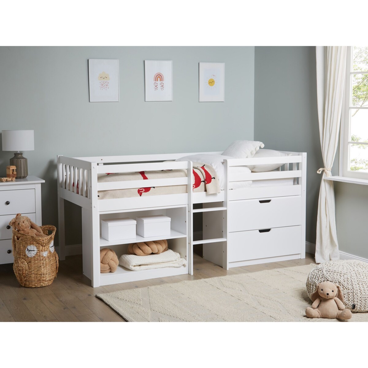 Łóżko dziecięce na podwyższeniu z szufladami drewniane 90 x 200 cm białe SUSVILLE