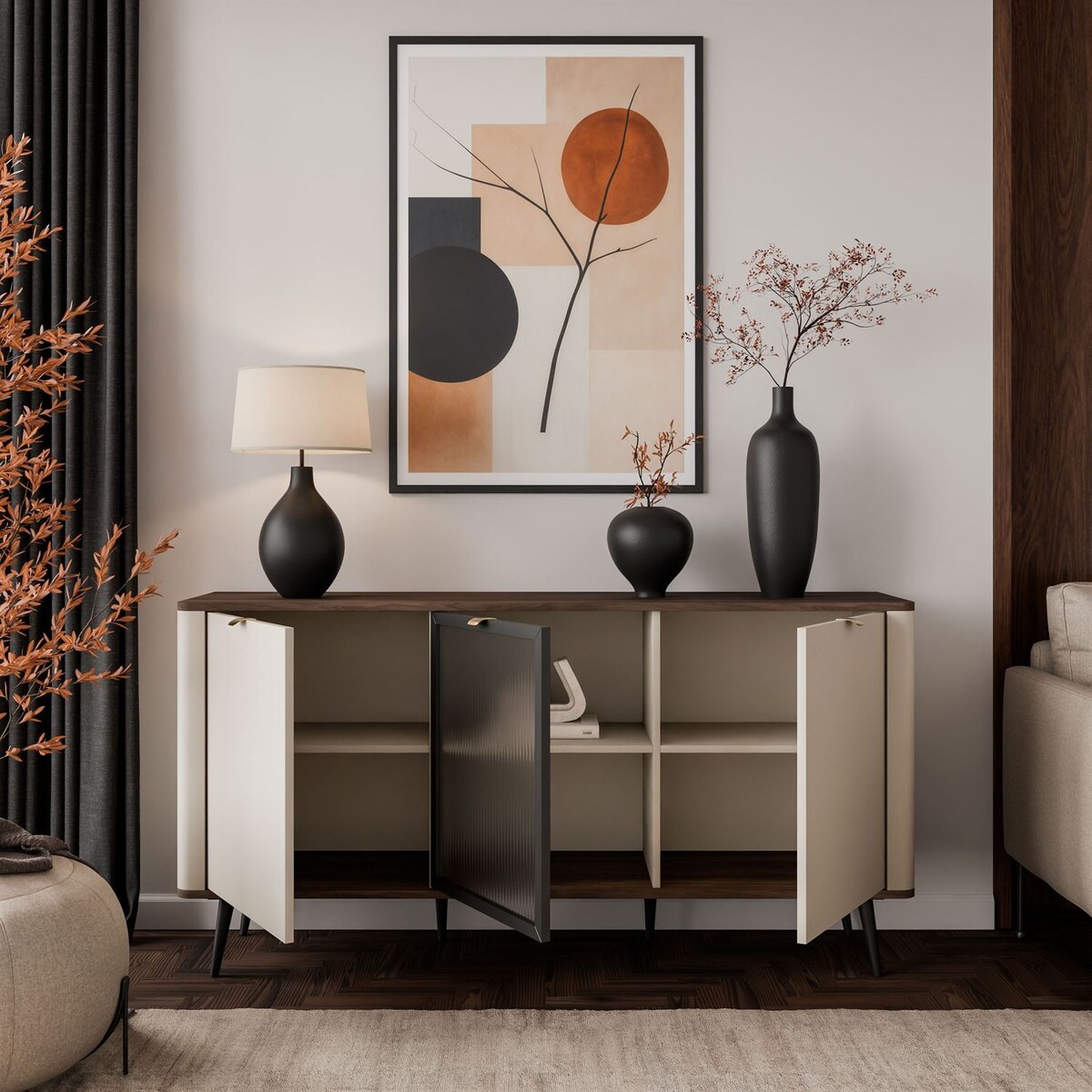 Komoda na nóżkach AUTUMN 2D1W z przeszklonym frontem, kaszmir / orzech