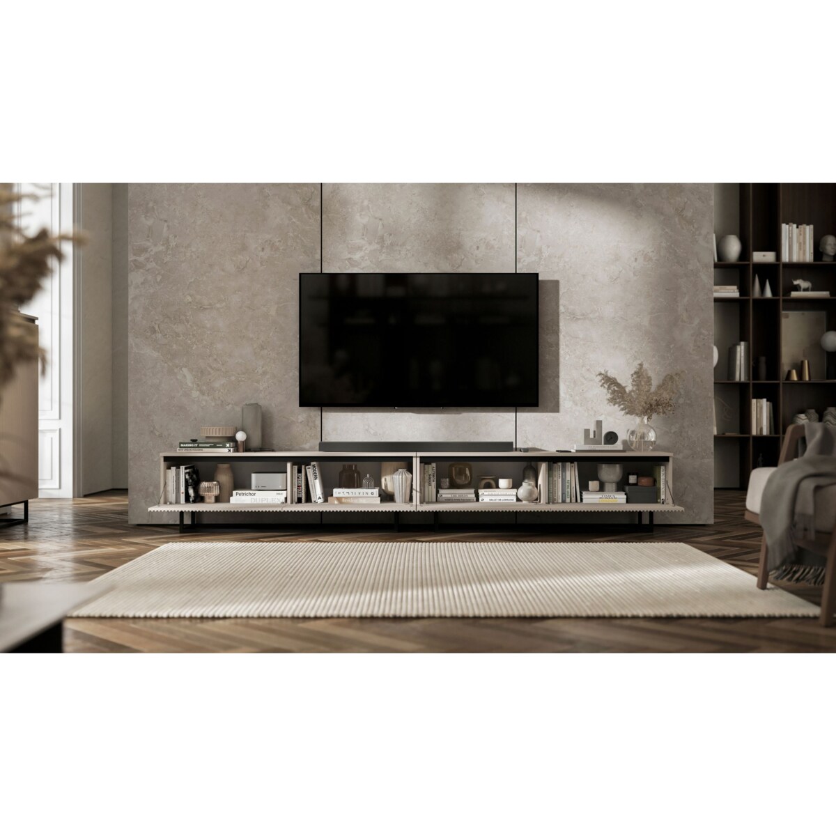 Nowoczesna Szafka RTV Glamour Komoda RTV Kaszmir Mat 280 cm czarny stelaż