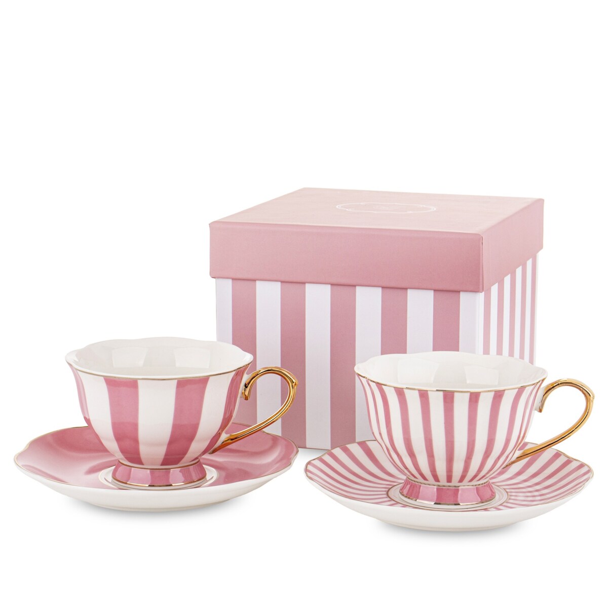 Filiżanki porcelanowe ze spodkami w pudełku 220 ml BETTY- różowe paski szerokie i wąskie