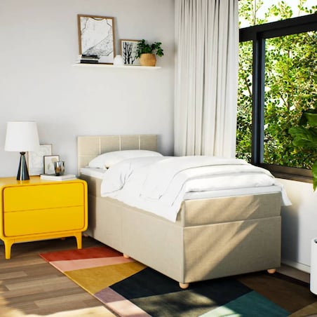 vidaXL Łóżko kontynentalne z materacem, kremowe, tkanina, 90x200 cm