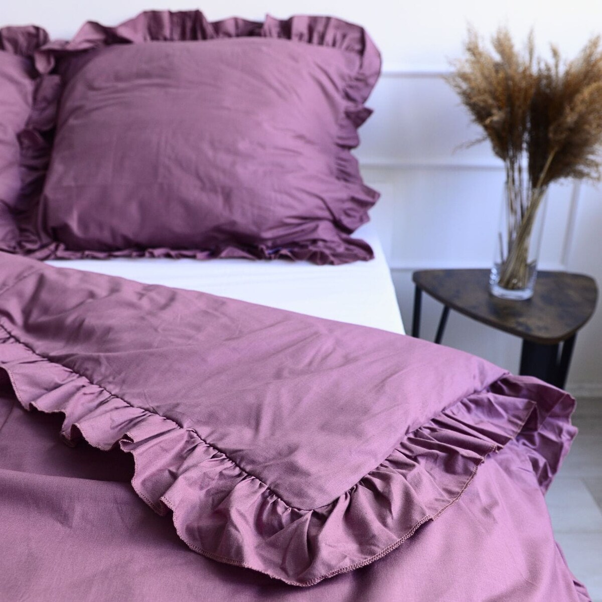 Pościel Bawełniana Z Falbanką Zestaw Komplet Do Sypialni Retro Róż 200X200 Cm + 2 Poduszki 70X80 Cm