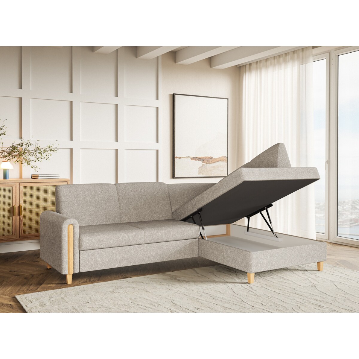 Rozkładany narożnik FLORA w tkannie bubble prawostronny- beżowy