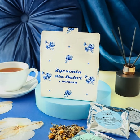 Gotowy zestaw prezentowy Życzenia dla Babci herbata sypana liściasta PREMIUM 5 saszetek MIX różne smaki prezent upominek na Dzień Babci