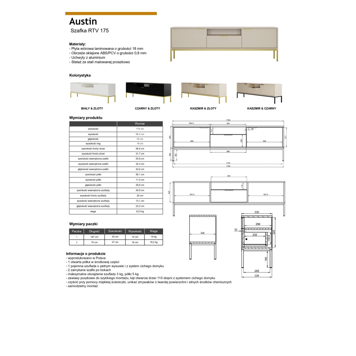 Szafka RTV Austin 175 czarna & złota