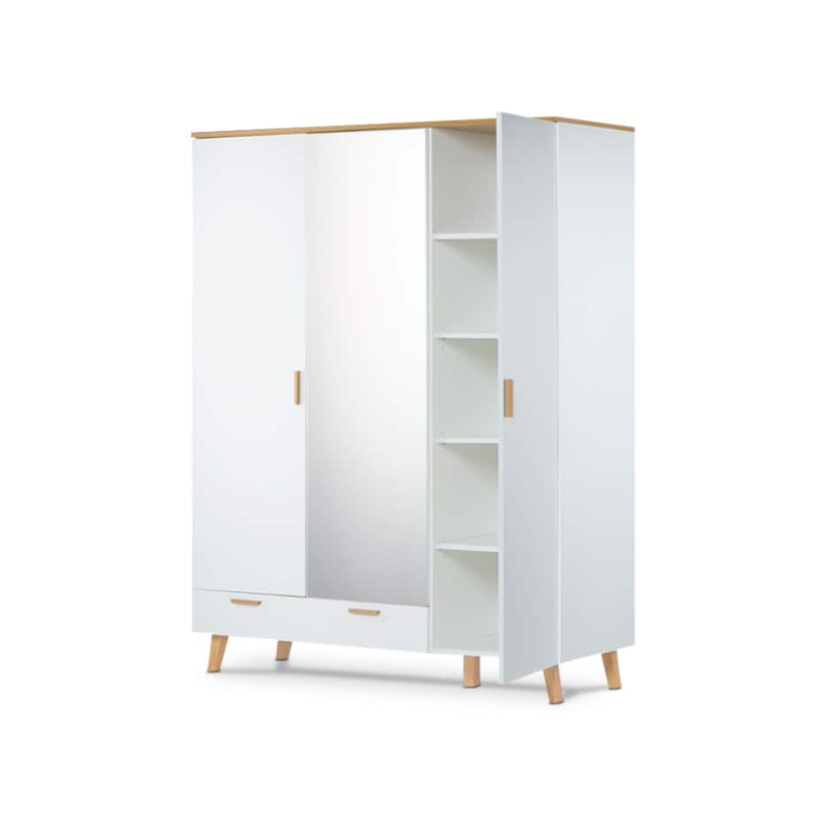KONSIMO FRISK Biała szafa z lustrzanymi drzwiami w stylu skandynawskim