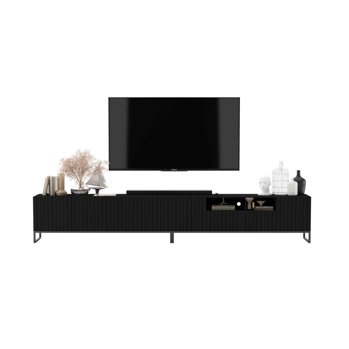 Nowoczesna Szafka RTV Glamour Komoda RTV Loft Ryflowane Fronty Czarny Mat 300 cm