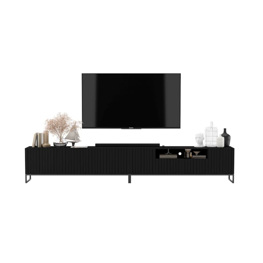 Nowoczesna Szafka RTV Glamour Komoda RTV Loft Ryflowane Fronty Czarny Mat 300 cm