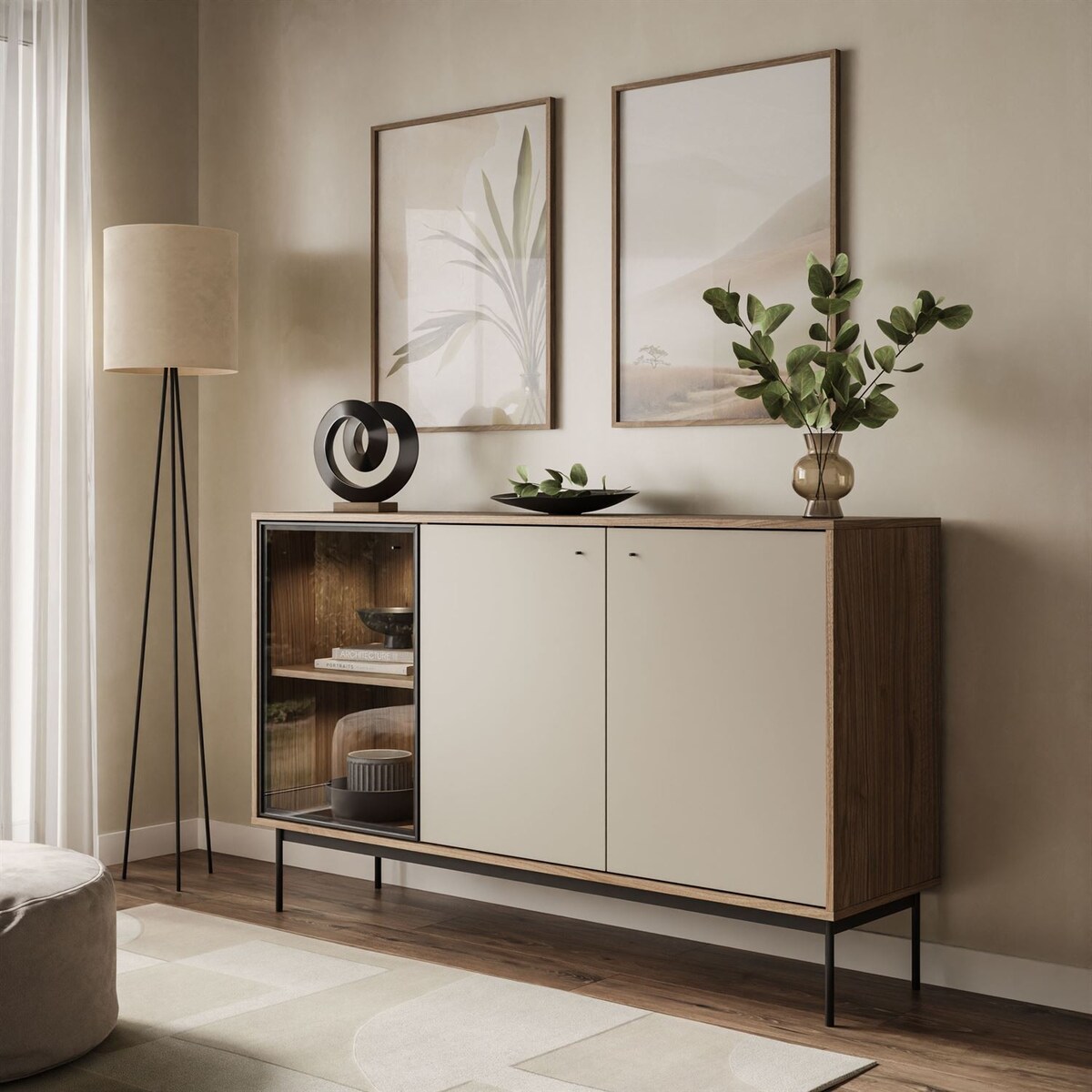 Trzydrzwiowa komoda ISA 3D z oświetleniem LED, glina + columella