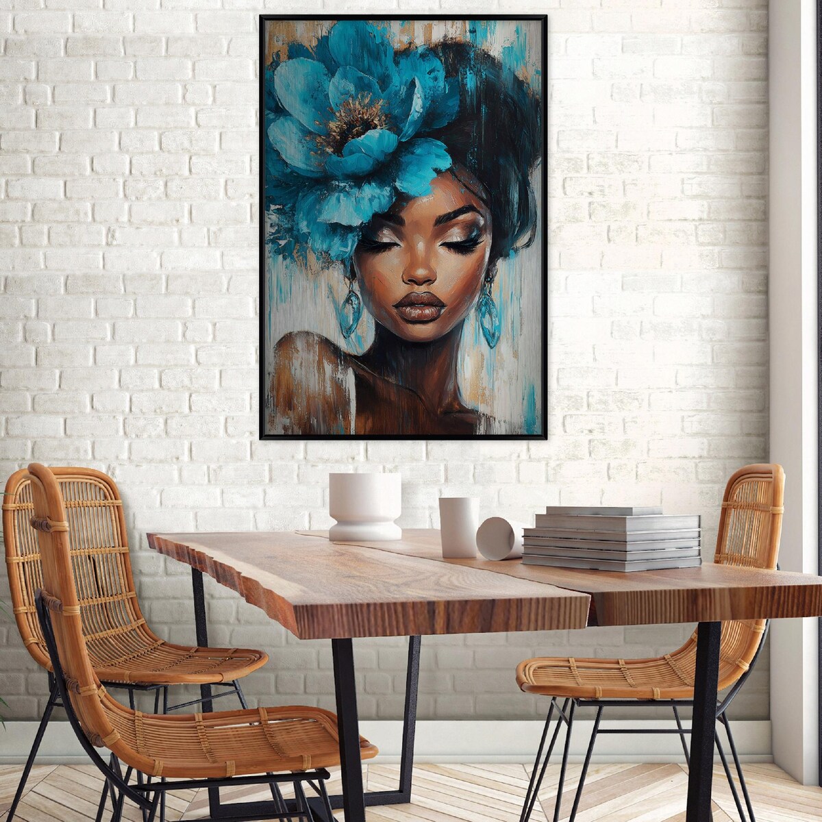 Obraz W Ramie Do Sypialni Salonu Na Metalu Kobieta Loft Niebieski 100x150