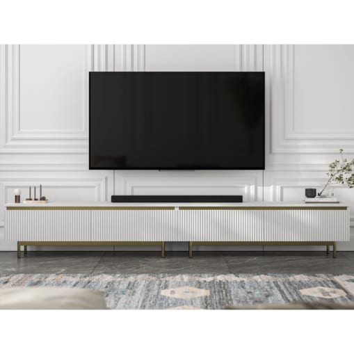 Nowoczesna Szafka RTV Glamour Komoda RTV Biały Mat 280 cm złote akcenty