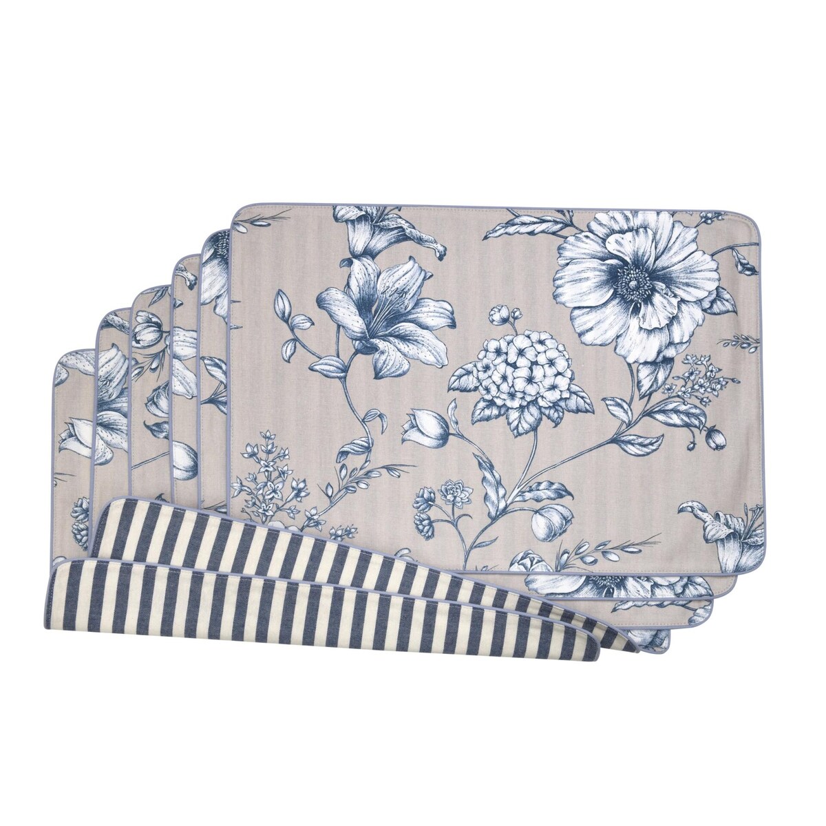Mini dwustronne podkładki z motywem kwiatowym i eleganckich pasów Blossom Blue & Stripes – komplet 6 szt.