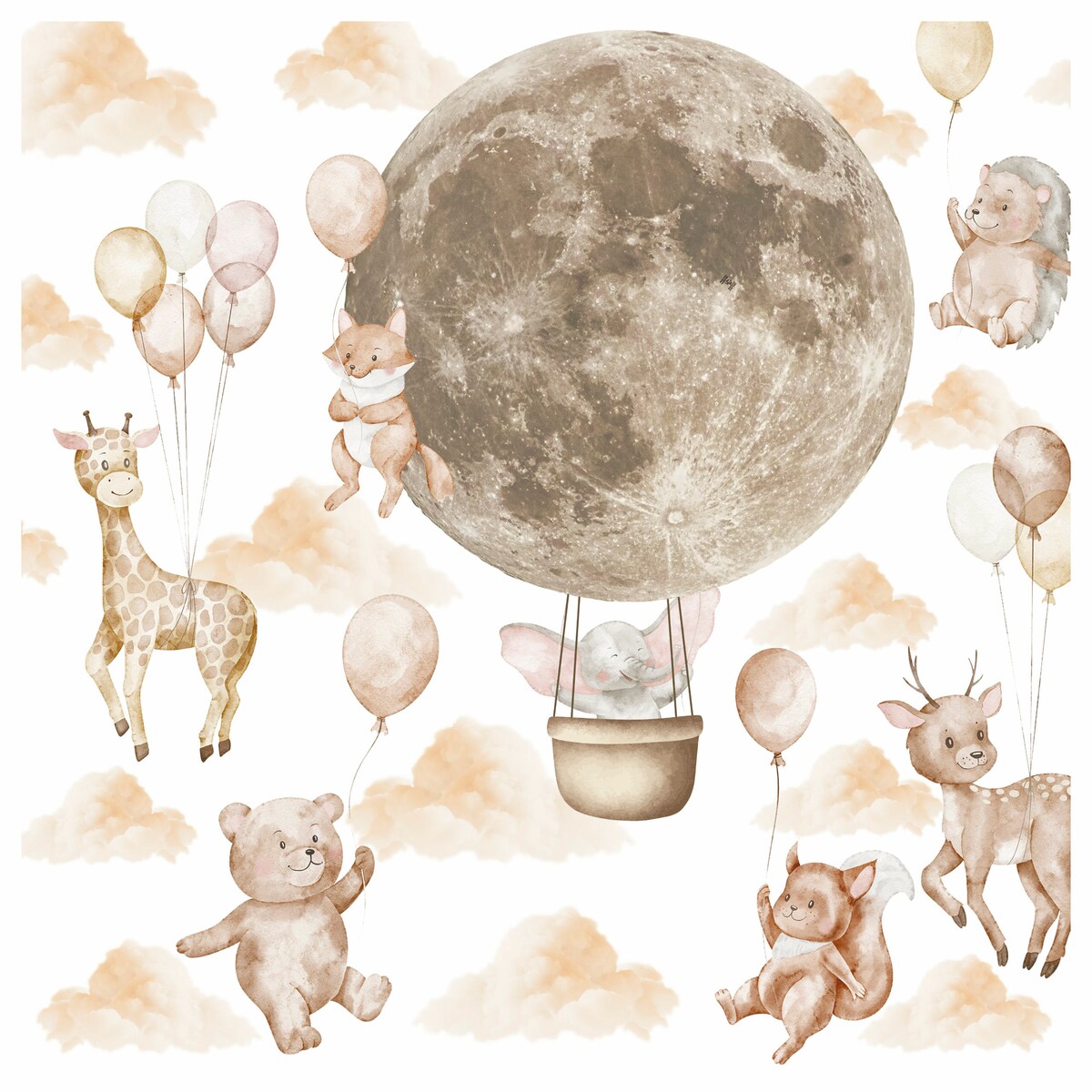 Naklejki Ścienne Dla Dzieci Zwierzątka Księżyc Chmurki Balony Boho Zestaw 120x60cm